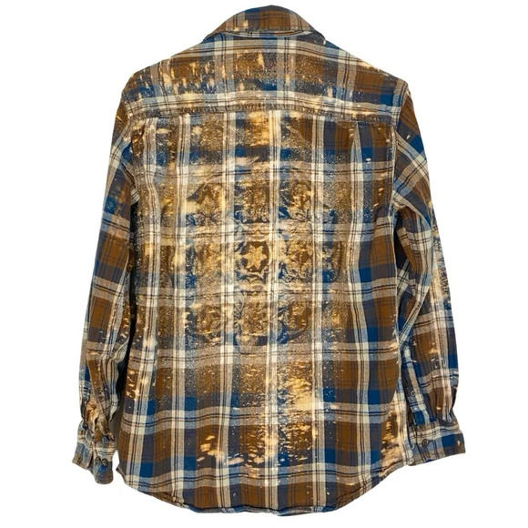 Handmade Boho Flannel Shirt Womens Small Stencil Splatter Bleached Plaid Brown - Picture 2 of 8